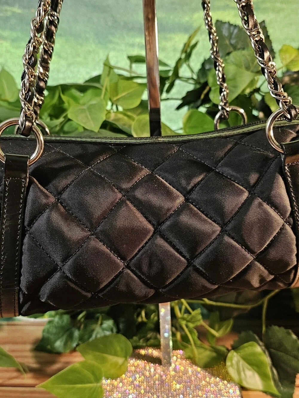 Talbots Black Quilted Barrel Bag Nylon Leather Trim Silver Hardware